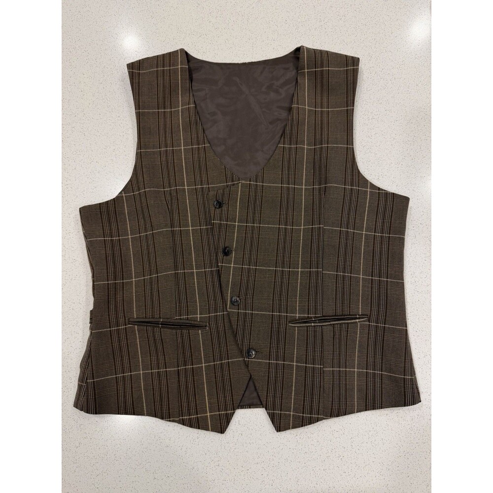 Tazzio Men's Brown Vest MPV116SK2 double-breasted classic glen check pattern 44R